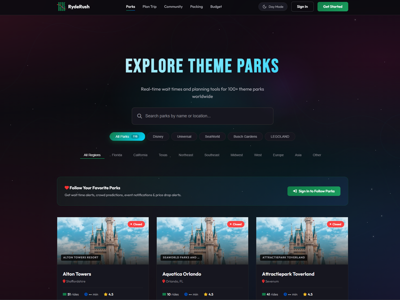 Theme Park List Page, similar to v1, but layout is much cleaner