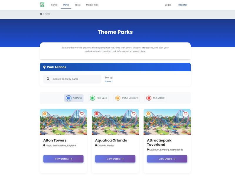 RydeRush Theme Park List Page shows 90+ theme parks worldwide