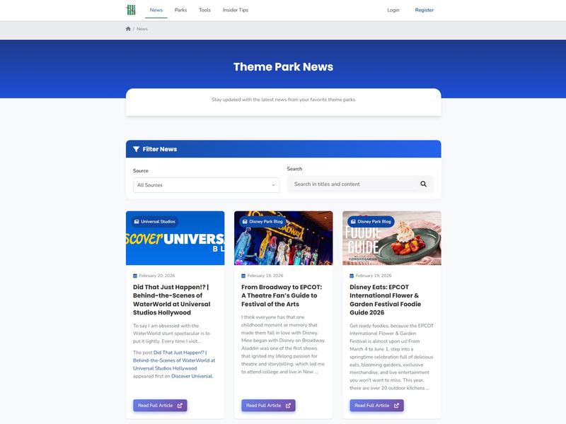 RydeRush News Aggrigate Page, checks for new blog posts from theme park related RSS feeds worldwide