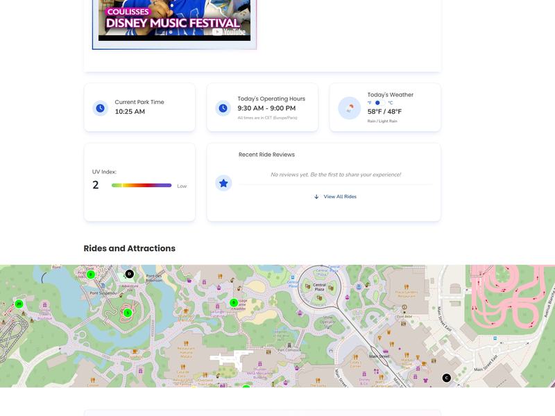 Theme Park page featured park map, weather, park schedule, current park time, live ride wait times and more