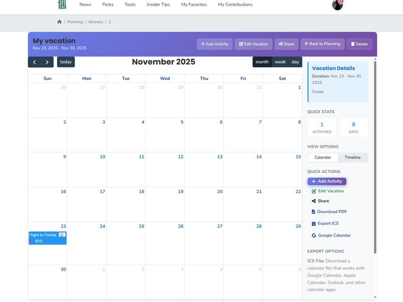 Trip planner allowed you to enter your itinerary on a calendar, share it with others, and export trips to your personal calendar